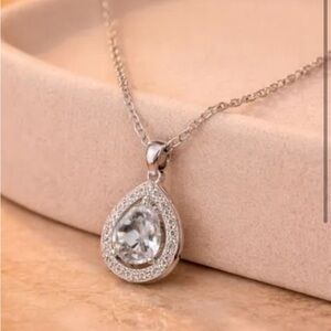 Silver Pear Shape CZ Pendant Necklace With Pave CZ Halo 16 To 18 Inches
